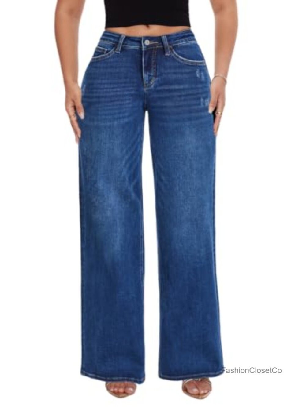 Womens Wide Leg Stretchy Denim Baggy Jeans Tummy Control Mid Rise